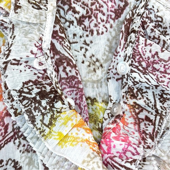 Sunny Leigh Y2K Sheer Crinkle Chiffon Ruffle Peplum Top Paisley Cream Multi PL - Picture 7 of 10